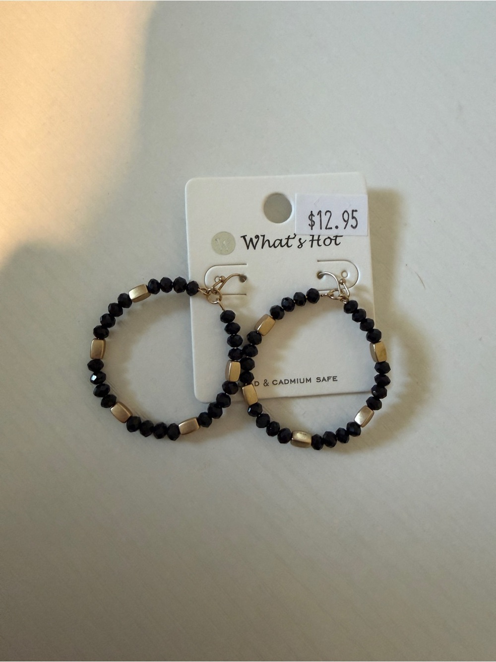 Black Beaded Hoop Earrings with Gold Accents